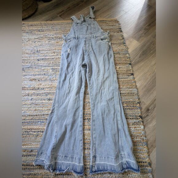 Distressed Flare Overalls Light Wash Denim Juniors M Wide Leg 2000s Y2K - Picture 2 of 10
